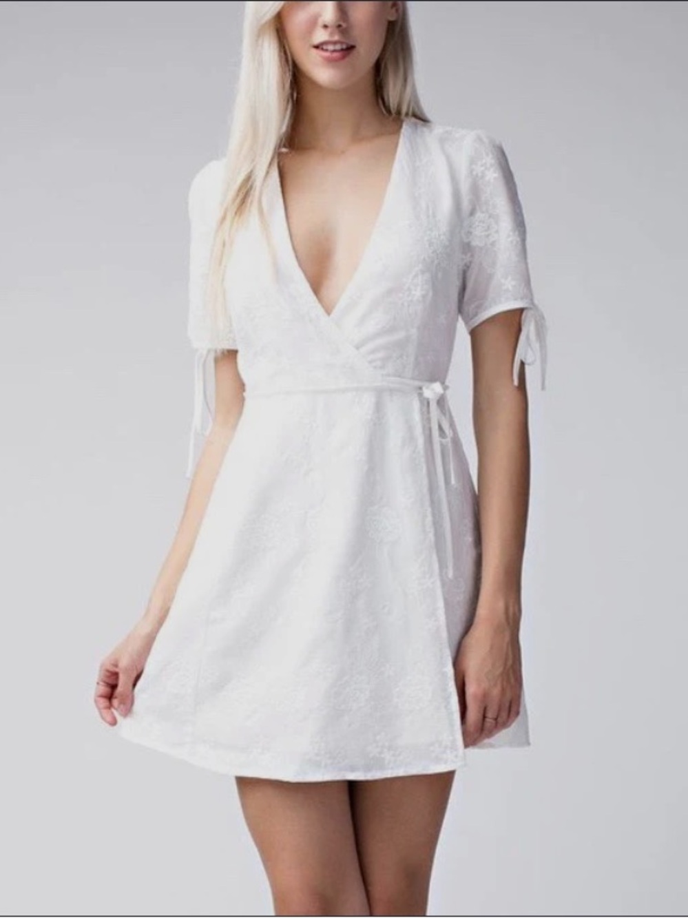 Honey Punch White Embroidered Wrap Mini Dress